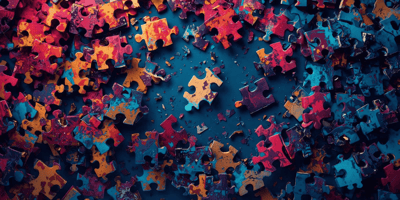 a visual of brightly colored jigsaw puzzle pieces all disconnected in a pile with a single piece isolated in the center