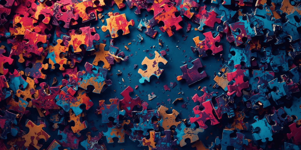 vibrantly colored puzzle pieces disconnected in a pile with a single piece isolated in the middle